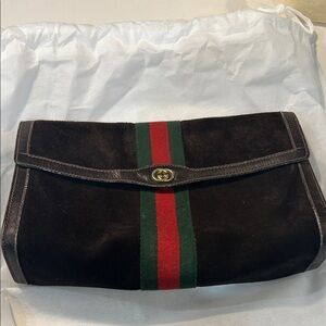 Gucci Brown Suede Messenger Clutch with Green and Red Web Stripe